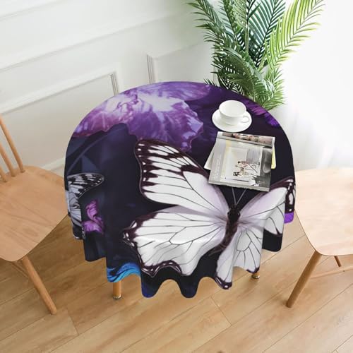 Runde Tischdecken, 152,4 cm, wasserdicht, flecken- und knitterfrei, runde Tischdecke, weiß, lila, Schmetterlinge, dekorative Bauernhaus-Tischdecke für Picknick, Party, Esszimmer, Zuhause, Innen- und Runde Tischdecken, 152,4 cm, wasserdicht, flecken- und knitterfrei, runde Tischdecke, weiß, lila, Schmetterlinge, dekorative Bauernhaus-Tischdecke für Picknick, Party, Esszimmer, Zuhause, Innen- und von KLLTYHMU