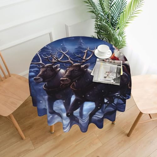 Runde Tischdecken, wasserdicht, flecken- und knitterfrei, runde Tischdecke, Schnee-Nacht, Weihnachtsmann und Hirsch, dekorative Bauernhaus-Tischdecke für Picknick, Party, Esszimmer, Zuhause, Innen Runde Tischdecken, wasserdicht, flecken- und knitterfrei, runde Tischdecke, Schnee-Nacht, Weihnachtsmann und Hirsch, dekorative Bauernhaus-Tischdecke für Picknick, Party, Esszimmer, Zuhause, Innen von KLLTYHMU