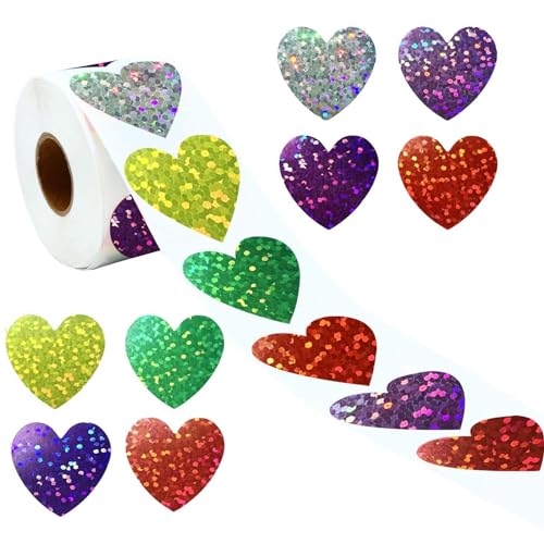 KLOP256 Herz Aufkleber, 500 Stück/Rolle, 8-farbige glitzernde Herz-Aufkleber, 2,5 cm, selbstklebende Mini-Herz-Aufkleber für Kinderbelohnungen, Heimwerkerarbeiten, Klassenzimmer-Ressourcen(Mehrfarbig) von KLOP256