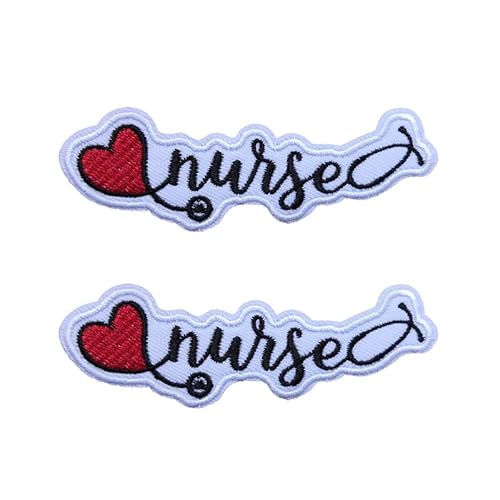 2 Stück Krankenschwester-Text, bestickt, zum Aufbügeln oder Aufnähen, Stethophon-Stoff, Kleidungszubehör, rotes Herz-Abzeichen von KLORIZ