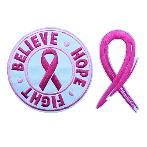 KLORIZ 2 Stück Believe Hope Fight rosa Schleifen-Aufnäher zum Aufbügeln, Brustkrebs-Bewusstseins-Stoffapplikationen für Mädchen und Frauen von KLORIZ