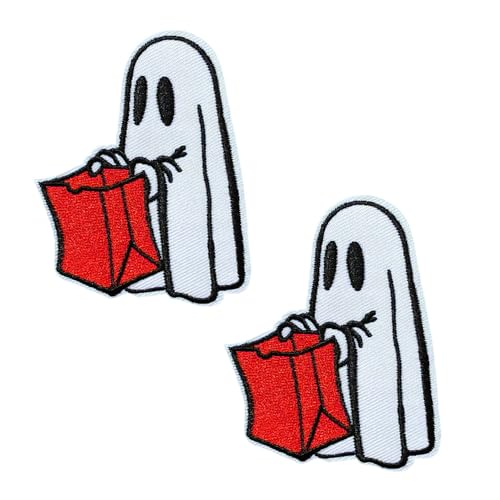 KLORIZ 2 Stück Lovely Ghost Treat or Trick bestickte Aufnäher zum Aufbügeln Halloween Urlaub Applikation Zubehör für Jacken, Rucksäcke Jeans von KLORIZ