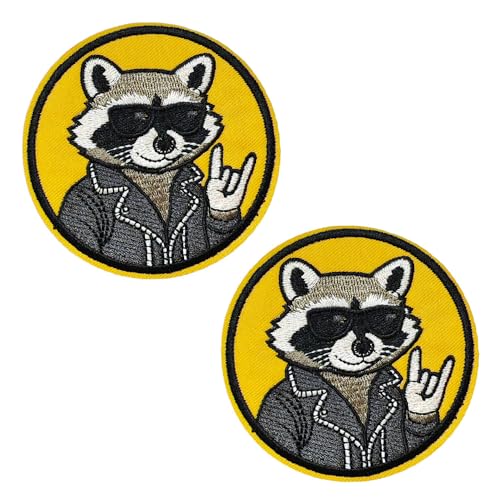 KLORIZ 2 Stück Waschbär-Rock-and-Roll-Stickerei-Aufnäher zum Aufbügeln, Punk, Musik, Kleidung, Rucksack, Zubehör von KLORIZ