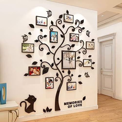 KLUFO 3D Black Tree Trunk Leaves Wall Decal Happy Genealogy Aufkleber DIY dekorative Aufkleber mit Vier DIY vertikale Streifen Fotorahmen (Black Leaves) von KLUFO
