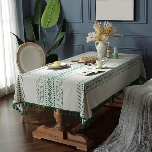 KLUOT Tischdecke 140 x 260 cm Grün Quaste Baumwoll-Leinen Tischdecken Abwaschbar Tischtuch für Familienessen und Versammlungen von KLUOT