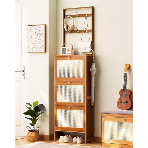 KLYDBMYT Schuhschrank mit Haken, schmaler Schuhschrank mit Klappschubladen, freistehender Schuh-Organizer, 2-in-1-Schuhschrank, Bambus-Garderobe für Eingangsbereich, Foyer, Flur, B-50 x 17 x 186 cm KLYDBMYT Schuhschrank mit Haken, schmaler Schuhschrank mit Klappschubladen, freistehender Schuh-Organizer, 2-in-1-Schuhschrank, Bambus-Garderobe für Eingangsbereich, Foyer, Flur, B-50 x 17 x 186 cm von KLYDBMYT