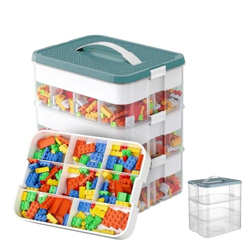 3 Lagen Aufbewahrungsboxen kompatibel mit Lego Bausteine Spielzeug, Ablagefächer Stapelbar Kisten Spielzeug Aufbewahrung mit Deckel, Stapelboxen, Sortierboxen, Baustein-Organisator Box (Grün) von KMDZDZGS