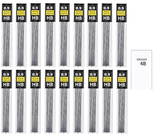 KMEIVOL 360 Stück Bleistiftminen 0,9 mm, Bruchfeste HB Bleistiftminen 0,9 mit 1 Radiergummi für Druckbleistifte 0,9 von KMEIVOL