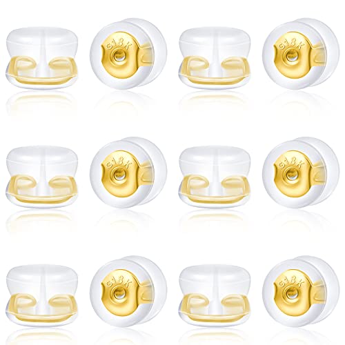 KMEOSCH Ohrring-Verschlüsse aus Gummi, 12 Stück, 18 Karat Gold, weiche Silikon-Ohrring-Verschlüsse für Ohrstecker, verbesserte Silber- und Gold-Prägung, Sicherheit, Ersatz für Creolen, Fischhaken von KMEOSCH