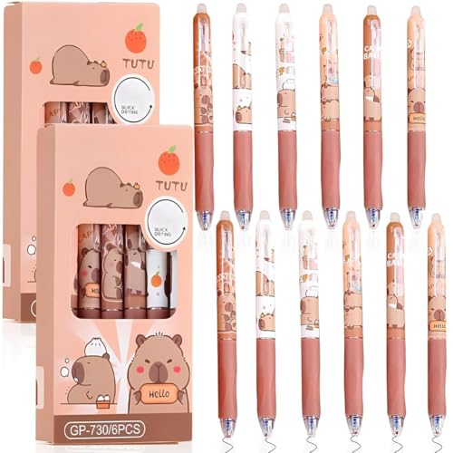 KMFASVX 12pcs Capybara Radierbare Gelstifte,Capybara Stifte, Radierbarer Kugelschreiber, 0.5 MM Cartoon Tier Capibara Kugelschreiber Radierbar mit Radiergummi oben für Schule, Büro (B) von KMFASVX