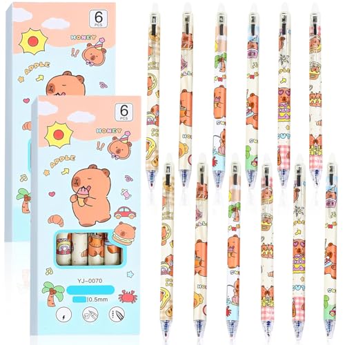 KMFASVX 12pcs Capybara Radierbare Gelstifte,Capybara Stifte, Radierbarer Kugelschreiber, 0.5 MM Cartoon Tier Capibara Kugelschreiber Radierbar mit Radiergummi oben für Schule, Büro (D) von KMFASVX