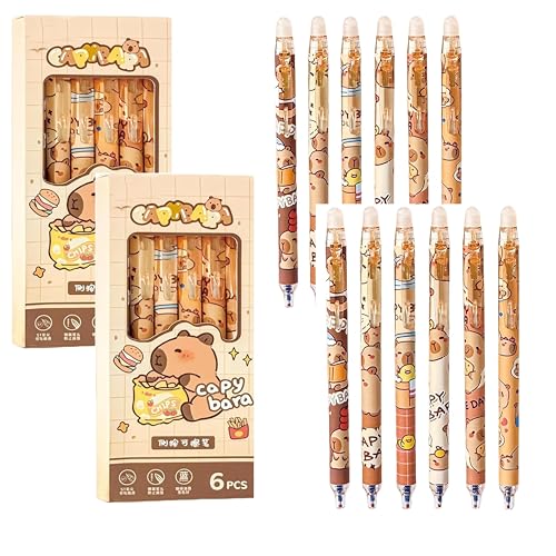 KMFASVX 12pcs Capybara Radierbare Gelstifte,Capybara Stifte, Radierbarer Kugelschreiber, 0.5 MM Cartoon Tier Capibara Kugelschreiber Radierbar mit Radiergummi oben für Schule, Büro - A von KMFASVX