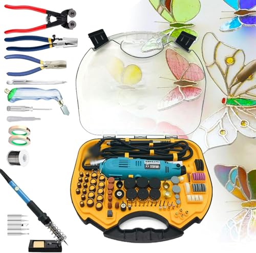 KMJUYQ Buntglas-Set, Mosaik- und Buntglas-Starter-Set, mit elektrischem Mini-Gravierstift-Set, Lötkolben-Set & Kupferfolienband & Lötdraht & Gläsern von KMJUYQ