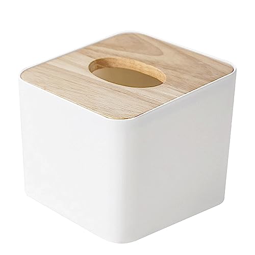 Kosmetiktücher Box aus Holz,Taschentuchspender,Quadratische Tissue-Box mit Holzdeckel，Einfache Schubladenbox (Weiß) von KMQRDZi