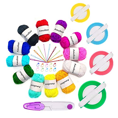 KNEWMART Pom Pom Maker, 4 Größen Fluff Ball Weaver Nadel Pompom Maker Sets Enthält 12 Stück Garn + 1 Stück Schere + 10 Stück Strickstichmarker + 10 Stück Plastiknadeln (37) von KNEWMART