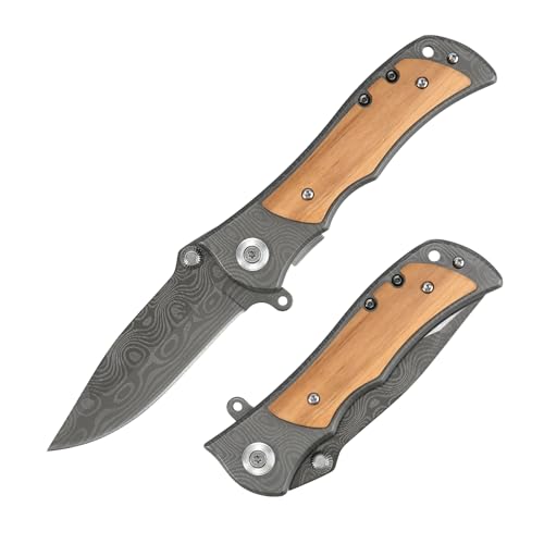 Klappmesser, Outdoor Messer, Taschenmesser, Einhandmesser, Scharf 3Cr13 Edelstahl Klinge, Olivenholz Griff, Survival Messer, EDC Messer, Outdoormesser mit Taschenclip & Liner-Lock von KNIFRTISAM