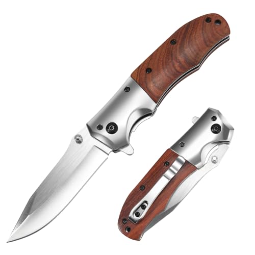 Klappmesser, Taschenmesser, Outdoor Messer, Einhandmesser, Scharf 3Cr13 Edelstahl Klinge, Rotes Sandelholz Griff, Survival Messer, EDC Messer, Outdoormesser mit Taschenclip & Liner-Lock von KNIFRTISAM