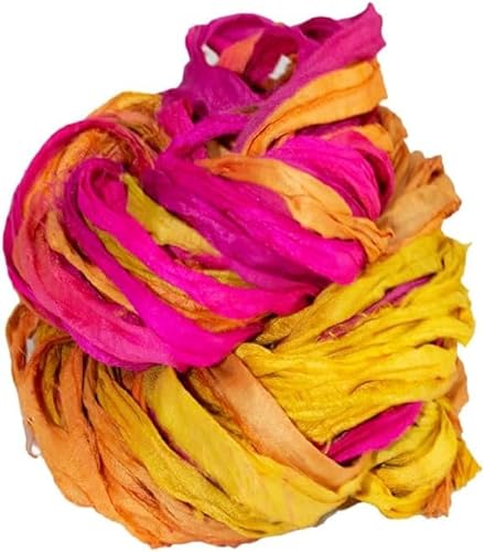 Knitsilk Recyceltes Sari-Seidenbandgarn, super sperriges Garn, ideal zum Häkeln, Stricken, Sticken und zur Schmuckherstellung, nachhaltiges und einzigartiges Texturband, 50 g/m², 27 m, Vintage-Stil, 5 von KNITSILK