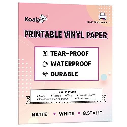 KOALA PAPER Bedruckbares wasserfestes Papier für Tintenstrahldrucker, 21,6 x 27,9 cm, 30 Blatt, mattweißes Vinyl-Druckerpapier, reißfest, langlebig, schnell trocknend von KOALA PAPER