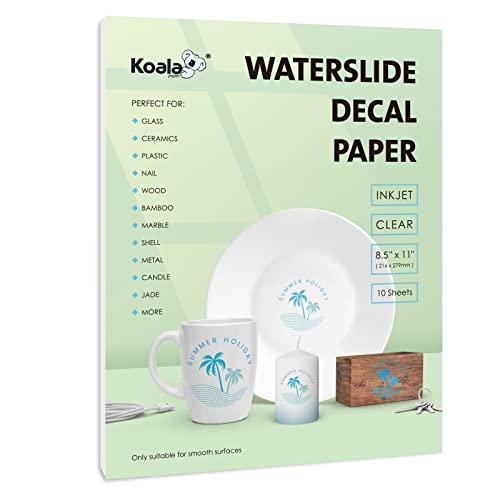 Koala Waterslide Aufkleber-Papier, Tintenstrahl-klar, 10 Blatt, 21,9 x 27,9 cm, Wasserrutsch-Transferpapier, transparentes, bedruckbares Waterslide Papier für DIY Becher, Becher, Nägel von KOALA PAPER