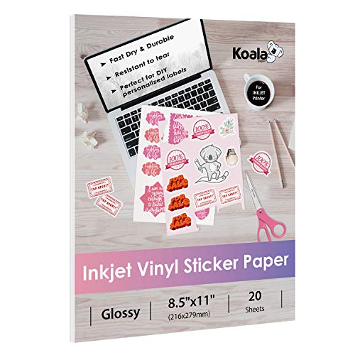 Koala bedruckbares Vinyl-Aufkleberpapier für Tintenstrahldrucker – 20 Blatt glänzendes weißes wasserbeständiges Klebeetikettenpapier – 21,6 x 27,9 cm, reißfest, ablösbar Koala bedruckbares Vinyl-Aufkleberpapier für Tintenstrahldrucker – 20 Blatt glänzendes weißes wasserbeständiges Klebeetikettenpapier – 21,6 x 27,9 cm, reißfest, ablösbar von KOALA PAPER