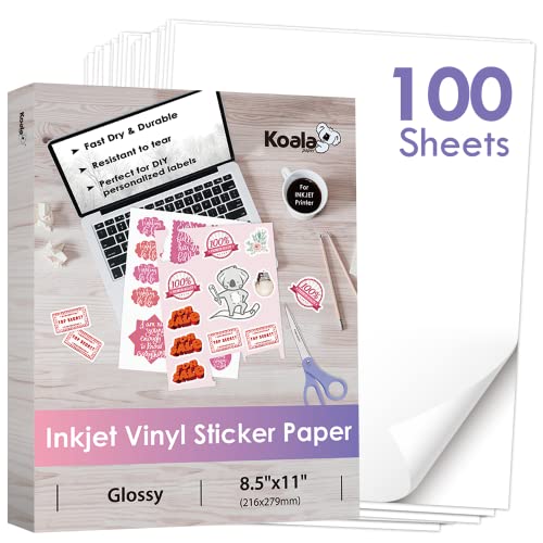 Koala bedruckbares Vinyl-Aufkleberpapier für Tintenstrahldrucker – 100 Blatt glänzendes, weißes, wasserbeständiges, selbstklebendes Etikettenpapier – 21,6 x 27,9 cm, reißfest, ablösbar Koala bedruckbares Vinyl-Aufkleberpapier für Tintenstrahldrucker – 100 Blatt glänzendes, weißes, wasserbeständiges, selbstklebendes Etikettenpapier – 21,6 x 27,9 cm, reißfest, ablösbar von KOALA PAPER