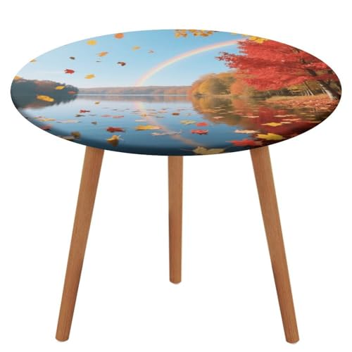 KOAYUBFC Tischdecke, rund, wasserdicht, elastischer Rand, Herbstblätter und Regenbogensee, wasserdichtes Oxford-Gewebe, 100–130 cm von KOAYUBFC