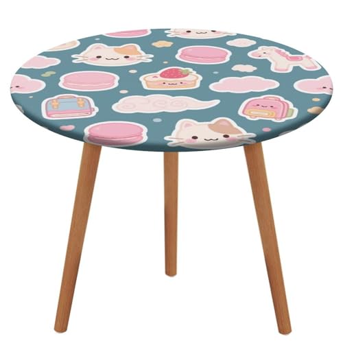 KOAYUBFC Tischdecke, rund, wasserdicht, elastischer Rand, blaue und rosa Katzen-Dessert-Tischdecke, wasserdichtes Oxford-Gewebe, 100–130 cm von KOAYUBFC