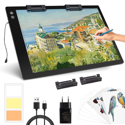 Leuchttisch A2 Rechargeable Light Pad - Tragbares Batteriebetriebene Diamond Painting Leuchtplatte, 3 Farben 6 Helligkeitsstufen LED Lichtpad für Diamond Painting Zubehör Abpausen von KOBAIBAN