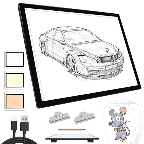 Leuchttisch A3 Light Pad - Diamond Painting ZubehöR Leuchtplatte, Tragbares Wiederaufladbare Batteriebetriebene Leuchtplatten, 3 Farben 6 Helligkeitsstufen LED Lichtpad für Abpausen Rückverfolgung von KOBAIBAN