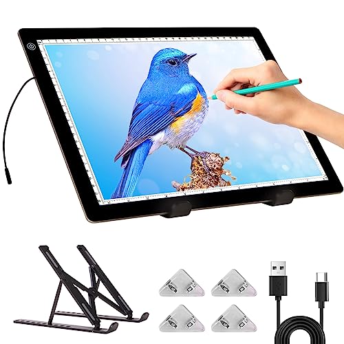 Leuchttisch A4 - Diamond Painting Leuchtplatte din A4 with Zusammenklappbarer Ständer, stufenlos dimmbare 3 Stufen Helligkeit Leuchtkasten Ultra-Thin LED Light Pad für Tracing Sketching von KOBAIBAN