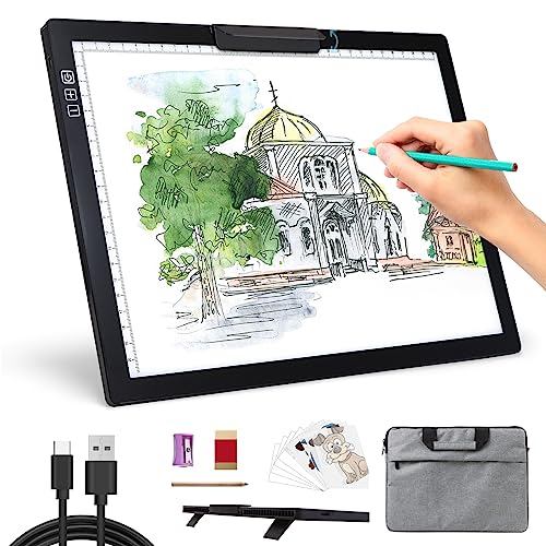 Leuchttisch A4 Light Pad - Diamond Painting Zubehör Leuchtplatte, Tragbares Wiederaufladbare Batteriebetriebene Lichtpad mit Tasche, Stufenlos Dimmbar 6 Helligkeitsstufen Leuchttisch für Zeichnen von KOBAIBAN