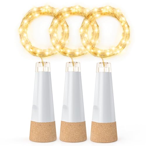 KOBWA Weinflaschen-Lichter mit Korken, wiederaufladbar über USB, 2 m, 20 LED-Flaschenlampe für Partys, Weihnachten, DIY, Tischdekoration, Innen- und Außendekoration (3 Stück/Warmweiß) von KOBWA