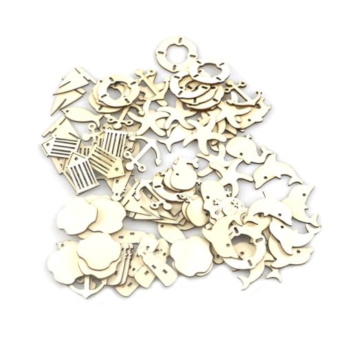 KOCKSHION 100 Stück Teiliges Holzscheiben Dekorationsset Handgefertigte Holzspäne mit Schiff Leuchtturm Motiven Langlebig und Sicher für DIY Bastelprojekte und Nautische Partydeko von KOCKSHION