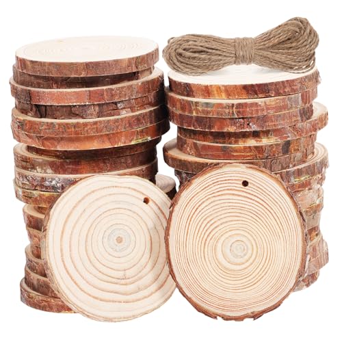 KOCKSHION 50Stücke Unbemalte Holzscheiben mit Juteschnur DIY Holzrunden für Hochzeitsdekorationen Bastelprojekte und Natürliche Holzplatten für Kreative Kunstwerke von KOCKSHION