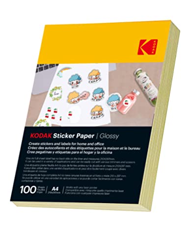 KODAK Stickerpapier A4 selbstklebende Etiketten 100 Blatt geeignet für Laser/Inkjet/Kopierer für universelle Etiketten (Glänzend) von KODAK