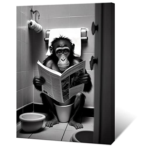 KOEUIRW Lustige Gorilla-Badezimmer-Leinwand-Wandkunst, niedlicher Affe in der Toilette, schwarz-weiß, Tierdrucke, Gemälde, maximalistisch, moderne ästhetische Wanddekoration für 40.6x61 cm, ungerahmt von KOEUIRW