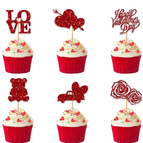 Kuchendekoration "Happy Valentine's Day", herzförmig, romantischer Glitzer für Valentinstag, Thema, Hochzeit, Verlobung, Valentinstag, Party, Kuchendekorationen, 10 Stück (rot) von KOEVSU