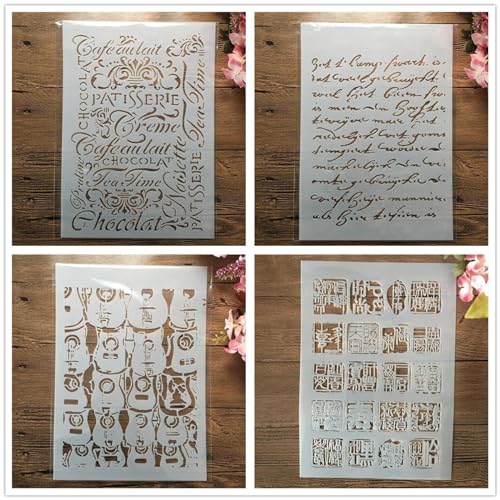 Schablonen zum Malen, A4, 29 cm, Buchstaben, chinesischer Stempel, Zeichenschablone zum Malen auf Holz, Wand, Stoff, Möbel, Boden, Schablonen für Bastelprojekte, 4 Stück von KOFORULAIG