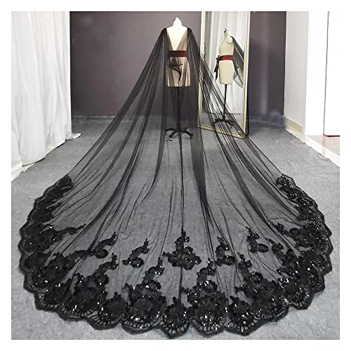 KOFSOL Ts Schulterschleier, Echte Fotos, Schwarz, Lange Hochzeit, Bling, Pailletten, Spitze, Kathedrale, Brautumhang, Mariage, Hochzeitszubehör, Schulterschleier (Color : Black, Size : 300cm) von KOFSOL