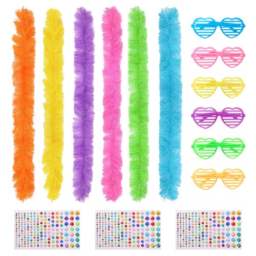 6 Stück 1,5 m 21 g bunte Federboas weiche und flauschige Federboa mit 6 Gläsern und 3 farbigen Diamant-Aufklebern, insgesamt 15 Stück für Heimwerker, Hochzeit, Party, Tanzen, Halloween von KOGMMYSEVP