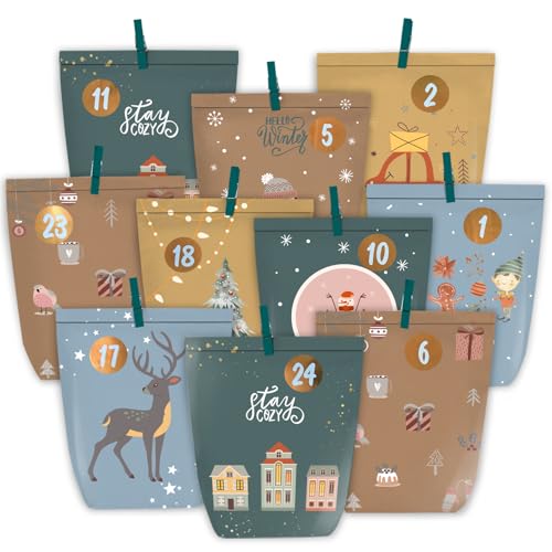 KOHMUI Adventskalender zum Befüllen, 24 DIY Advents Tüten zum Selber Basteln, Geschenk Papiertüten zum selbst füllen, Weihnachtskalender Selbstbefüllen mit Zahlen Aufkleber von KOHMUI