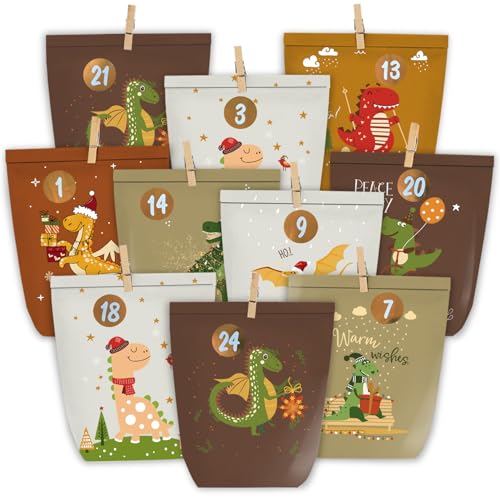KOHMUI Adventskalender zum Befüllen, 24 DIY Adventstüten zum Selber Basteln, Dinosaurier Papiertüten zum Selbstbefüllen, Weihnachtskalender mit Zahlen Aufkleber von KOHMUI