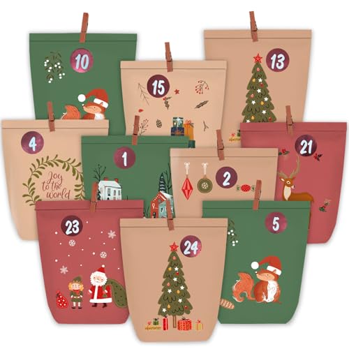 KOHMUI Adventskalender zum Befüllen, 24 Weihnachtskalender Papiertüten zum Selber Basteln, Adventstüten mit 1-24 Zahlensticker zum Selbst Füllen KOHMUI Adventskalender zum Befüllen, 24 Weihnachtskalender Papiertüten zum Selber Basteln, Adventstüten mit 1-24 Zahlensticker zum Selbst Füllen von KOHMUI