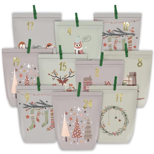 KOHMUI Adventskalender zum Befüllen, 24 Weihnachtskalender Papiertüten zum Selber Basteln, DIY Geschenktüten Kalender zum selber basteln, Kraftpapiertüten Advents Tüten Selbstbefüllen von KOHMUI