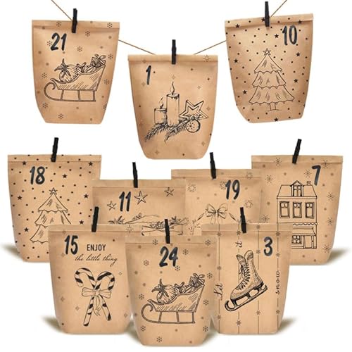 KOHMUI Adventskalender zum Befüllen, 24 Weihnachtskalender Papiertüten zum Selber Basteln, DIY Geschenktüten zum selbst füllen, Kraftpapiertüten Advents Tüten Selbstbefüllen für Kinder & Erwachsene von KOHMUI