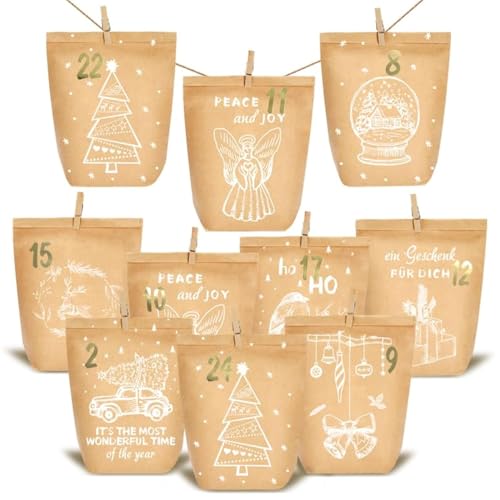 KOHMUI Adventskalender zum Befüllen, 24 Weihnachtskalender Papiertüten zum Selber Basteln, DIY Geschenktüten zum selbst füllen, Kraftpapiertüten Advents Tüten Selbstbefüllen für Kinder & Erwachsene von KOHMUI