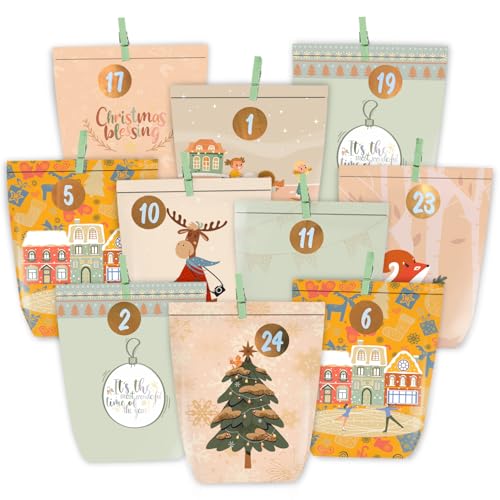KOHMUI Adventskalender zum Befüllen, 24 Weihnachtskalender Papiertüten zum Selbstbefüllen, Adventstüten mit Zahlen Aufkleber zum Selber Basteln KOHMUI Adventskalender zum Befüllen, 24 Weihnachtskalender Papiertüten zum Selbstbefüllen, Adventstüten mit Zahlen Aufkleber zum Selber Basteln von KOHMUI