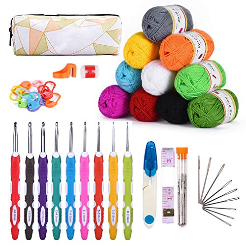 KOHMUI Häkelhaken und Häkelgarn Set, Bunte Ergonomische Soft Gummi HäKelnadeln mit tragbaren Tasche, 10 Farben Acryl Wolle für Häkeln und Kunsthandwerk KOHMUI Häkelhaken und Häkelgarn Set, Bunte Ergonomische Soft Gummi HäKelnadeln mit tragbaren Tasche, 10 Farben Acryl Wolle für Häkeln und Kunsthandwerk von KOHMUI