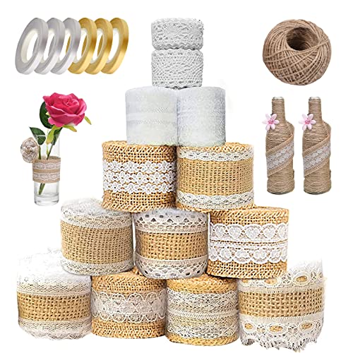 13 Roll Juteband, 9M Juteband mit Spitze+13M Spitzenband weiß Vintag+50M Juteschnur, Juteband Vintage Spitzenband, Natürliche Juteband, Spitze für Geschenkverpackung Tischdeko Hochzeit DIY Basteln von KOIROI